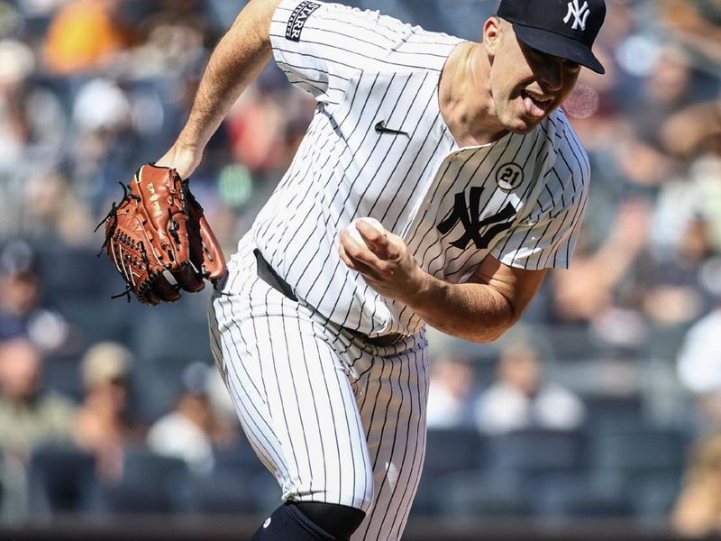 Sep 15, 2024; Bronx, New York, USA;  New York Yankees starting pitcher Carlos Rodon (55) reacts after fielding the ball in the first inning against the Boston Red Sox at Yankee Stadium. Mandatory Credit: Wendell Cruz-Imagn Images