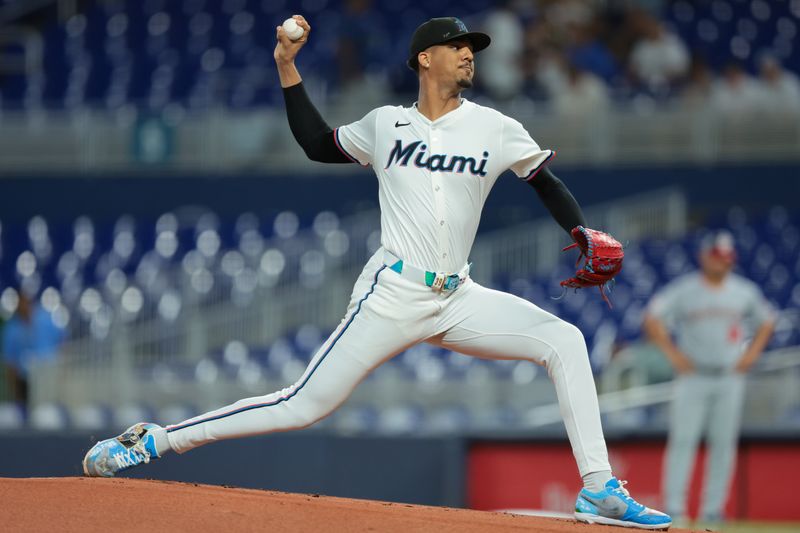 Sep 10, 2025; Miami, Florida, USA; Miami Marlins starting pitcher Eury Perez (39) delivers a pitch against the Washington Nationals during the first inning at loanDepot Park. Mandatory Credit: Sam Navarro-Imagn Images