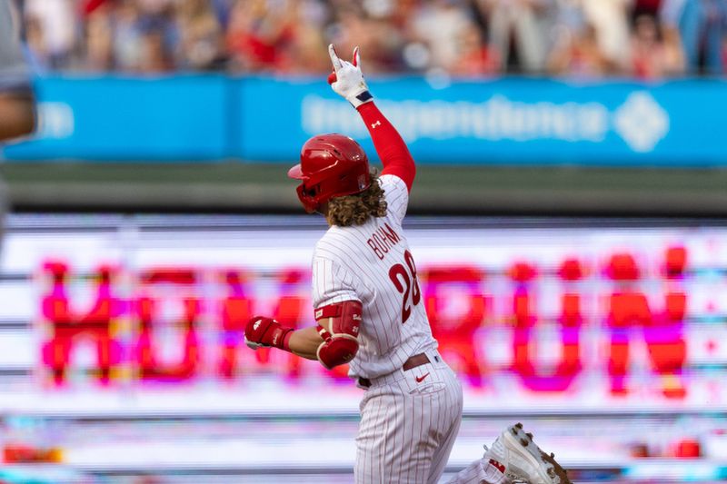 Aug 5, 2023; Philadelphia, Pennsylvania, USA; Philadelphia Phillies first baseman Alec Bohm (28) runs the bases after hitting a two RBI home run during the first inning against the Kansas City Royals at Citizens Bank Park. Mandatory Credit: Bill Streicher-USA TODAY Sports