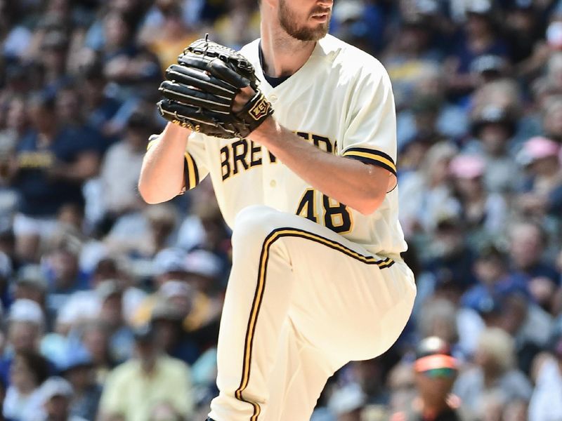 Jun 8, 2023; Milwaukee, Wisconsin, USA; Milwaukee Brewers pitcher Colin Rea (48) pitches against the Baltimore Orioles in the first inning at American Family Field. Mandatory Credit: Benny Sieu-USA TODAY Sports