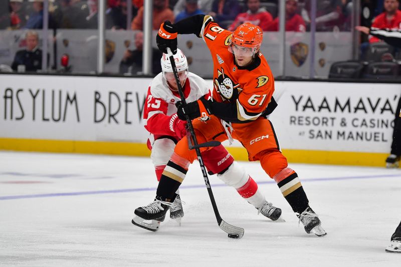 Nov 15, 2024; Anaheim, California, USA; Anaheim Ducks left wing Cutter Gauthier (61) moves the puck against Detroit Red Wings left wing Lucas Raymond (23) during the second period at Honda Center. Mandatory Credit: Gary A. Vasquez-Imagn Images