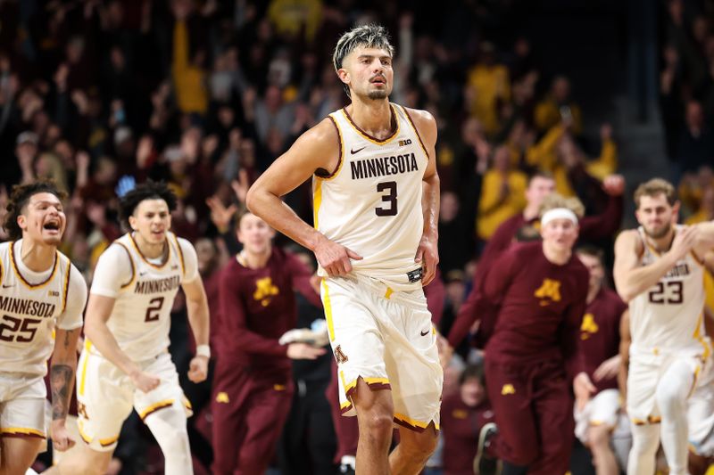 Jan 16, 2025; Minneapolis, Minnesota, USA; Minnesota Golden Gophers forward Dawson Garcia (3) celebrates his game winning three-point basket against the Michigan Wolverines after the game at Williams Arena. Mandatory Credit: Matt Krohn-Imagn Images