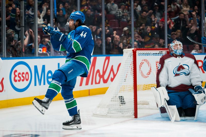 Nov 9, 2025; Vancouver, British Columbia, CAN; Colorado Avalanche goalie Mackenzie Blackwood (39) reacts as forward Kiefer Sherwood (44) celebrates his goal in the second period at Rogers Arena. Mandatory Credit: Bob Frid-Imagn Images