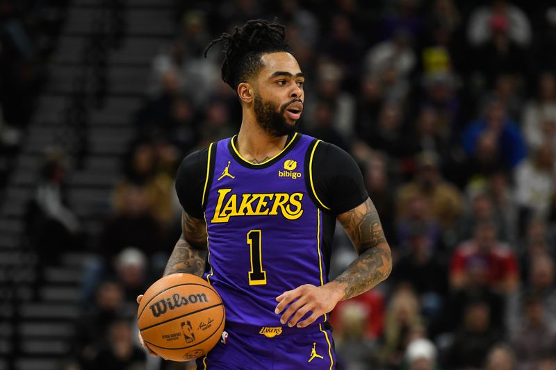 SALT LAKE CITY, UTAH - JANUARY 13: D'Angelo Russell #1 of the Los Angeles Lakers in action during the second half of a game against the Utah Jazz at Delta Center on January 13, 2024 in Salt Lake City, Utah. NOTE TO USER: User expressly acknowledges and agrees that, by downloading and or using this photograph, User is consenting to the terms and conditions of the Getty Images License Agreement. (Photo by Alex Goodlett/Getty Images)