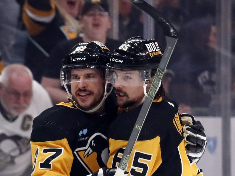 Apr 15, 2024; Pittsburgh, Pennsylvania, USA;  Pittsburgh Penguins center Sidney Crosby (87) and defenseman Erik Karlsson (65) celebrate a goal by Karlsson against the Nashville Predators during the first period at PPG Paints Arena. The Penguins won 4-2. Mandatory Credit: Charles LeClaire-USA TODAY Sports