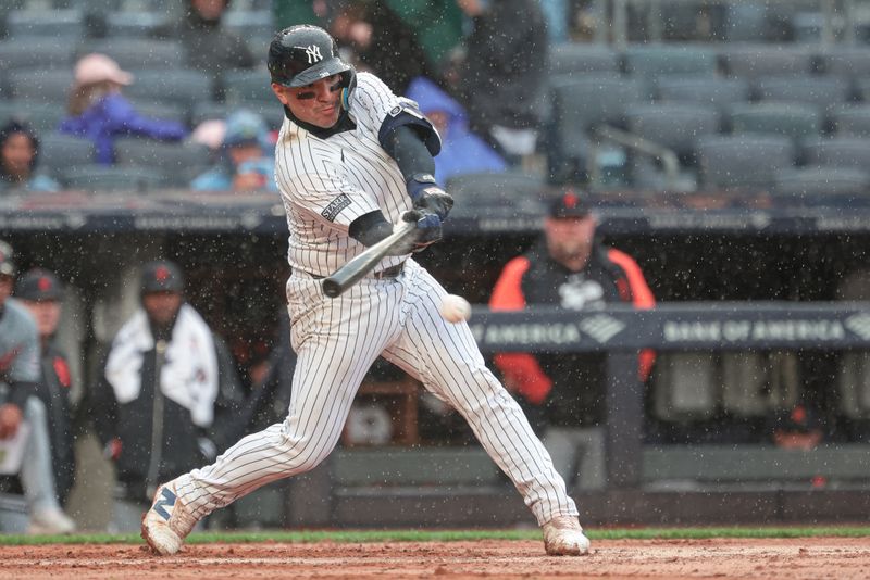 May 5, 2024; Bronx, New York, USA; New York Yankees catcher Jose Trevino (39) singles during the seventh inning against the Detroit Tigers at Yankee Stadium. Mandatory Credit: Vincent Carchietta-USA TODAY Sports