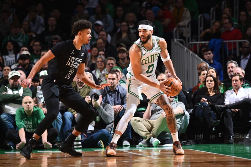 BOSTON, MA - FEBRUARY 14: Jayson Tatum #0 of the Boston Celtics handles the ball during the game against the Brooklyn Nets on February 14, 2024 at the TD Garden in Boston, Massachusetts. NOTE TO USER: User expressly acknowledges and agrees that, by downloading and or using this photograph, User is consenting to the terms and conditions of the Getty Images License Agreement. Mandatory Copyright Notice: Copyright 2024 NBAE  (Photo by Brian Babineau/NBAE via Getty Images)