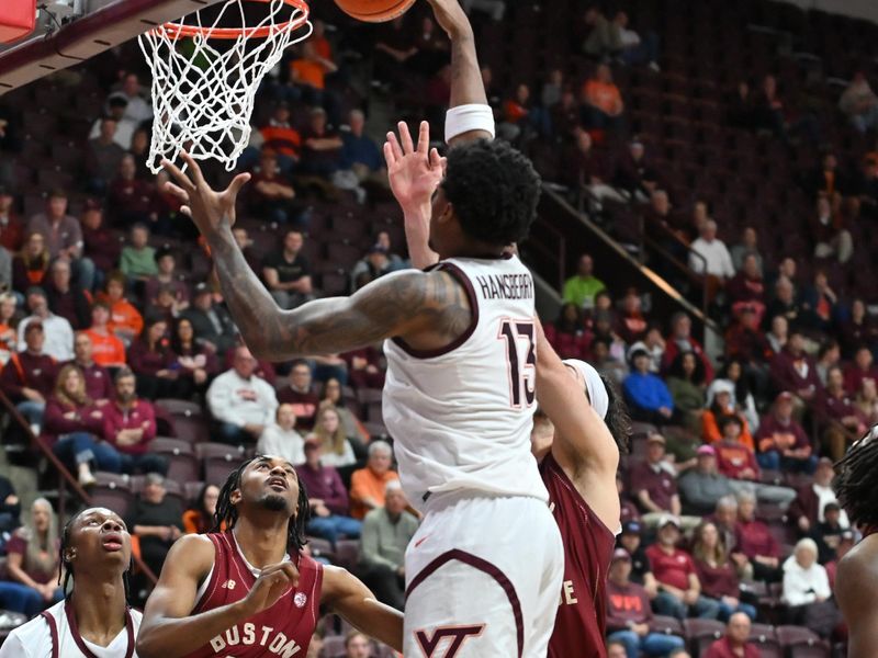 Mar 3, 2026; Blacksburg, Virginia, USA;  Virginia Tech Hokies forward Amani Hansberry (13) shoots a shot over Boston College Eagles center Boden Kapke (33) during the second half at Cassell Coliseum. Mandatory Credit: Brian Bishop-Imagn Images