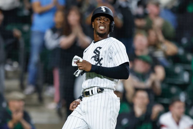 Sep 16, 2023; Chicago, Illinois, USA; Chicago White Sox shortstop Tim Anderson (7) reacts after scoring against the Minnesota Twins during the seventh inning at Guaranteed Rate Field. Mandatory Credit: Kamil Krzaczynski-USA TODAY Sports