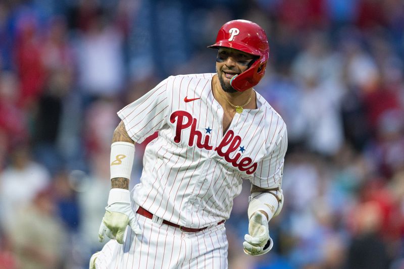 Apr 26, 2023; Philadelphia, Pennsylvania, USA; Philadelphia Phillies right fielder Nick Castellanos (8) runs the bases after hitting a two RBI home run during the first inning against the Seattle Mariners at Citizens Bank Park. Mandatory Credit: Bill Streicher-USA TODAY Sports