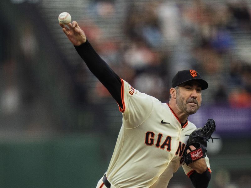May 12, 2025; San Francisco, California, USA; San Francisco Giants starting pitcher Justin Verlander (35) delivers a pitch against the Arizona Diamondbacks during the first inning at Oracle Park. Mandatory Credit: Neville E. Guard-Imagn Images