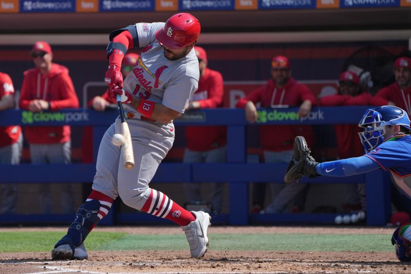 Feb 25, 2026; Port St. Lucie, Florida, USA;  St. Louis Cardinals catcher Leonardo Bernal (13) hits a single in the second inning against the New York Mets at Clover Park. Mandatory Credit: Jim Rassol-Imagn Images