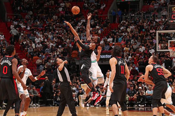 MIAMI, FL - DECEMBER 18: Jump ball during the game between the Minnesota Timberwolves and Miami Heat on December 18, 2023 at Kaseya Center in Miami, Florida. NOTE TO USER: User expressly acknowledges and agrees that, by downloading and or using this Photograph, user is consenting to the terms and conditions of the Getty Images License Agreement. Mandatory Copyright Notice: Copyright 2023 NBAE (Photo by Issac Baldizon/NBAE via Getty Images)