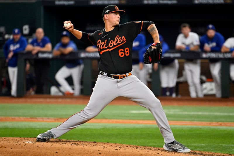 Oct 10, 2023; Arlington, Texas, USA; Baltimore Orioles relief pitcher Tyler Wells (68) pitches in the third inning against the Texas Rangers during game three of the ALDS for the 2023 MLB playoffs at Globe Life Field. Mandatory Credit: Jerome Miron-USA TODAY Sports