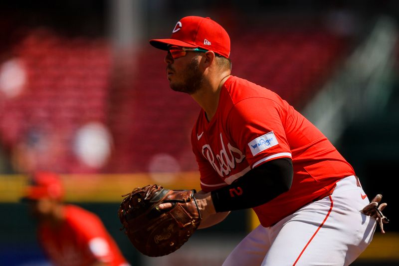 Sep 19, 2024; Cincinnati, Ohio, USA; Cincinnati Reds first baseman Ty France (2) prepares for the pitch in the third inning against the Atlanta Braves at Great American Ball Park. Mandatory Credit: Katie Stratman-Imagn Images