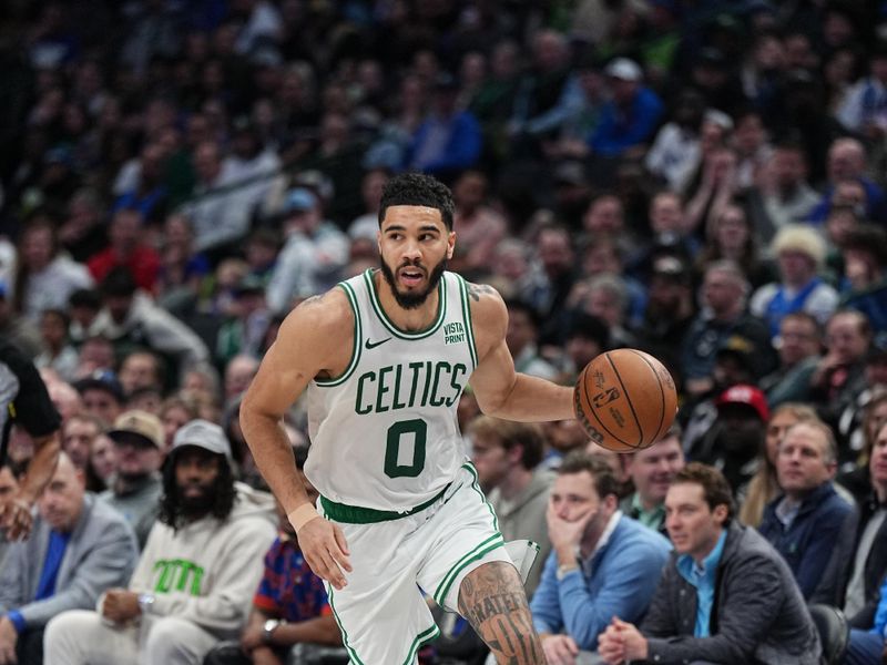 DALLAS, TX - JANUARY 22: Jayson Tatum #0 of the Boston Celtics dribbles the ball during the game against the Dallas Mavericks on January 22, 2024 at the American Airlines Center in Dallas, Texas. NOTE TO USER: User expressly acknowledges and agrees that, by downloading and or using this photograph, User is consenting to the terms and conditions of the Getty Images License Agreement. Mandatory Copyright Notice: Copyright 2024 NBAE (Photo by Glenn James/NBAE via Getty Images)