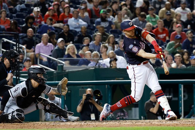 Sep 19, 2023; Washington, District of Columbia, USA; Washington Nationals designated hitter Joey Meneses (45) hits a go ahead three run home run against the Chicago White Sox during the seventh inning at Nationals Park. Mandatory Credit: Geoff Burke-USA TODAY Sports