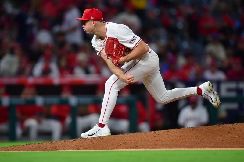 Sep 13, 2024; Anaheim, California, USA; Los Angeles Angels pitcher Ryan Miller (53) throws against the Houston Astros during the third inning at Angel Stadium. Mandatory Credit: Gary A. Vasquez-Imagn Images