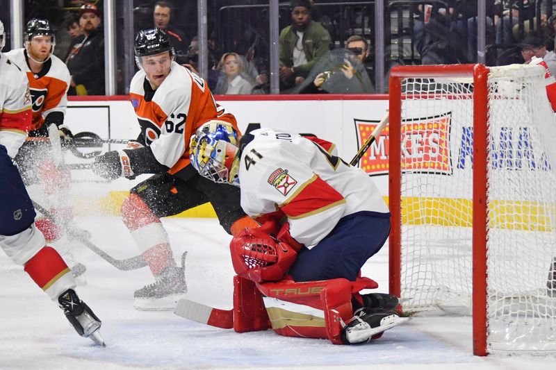 Mar 24, 2024; Philadelphia, Pennsylvania, USA; Florida Panthers goaltender Anthony Stolarz (41) makes a save against Philadelphia Flyers right wing Olle Lycksell (62) during the first period at Wells Fargo Center. Mandatory Credit: Eric Hartline-USA TODAY Sports