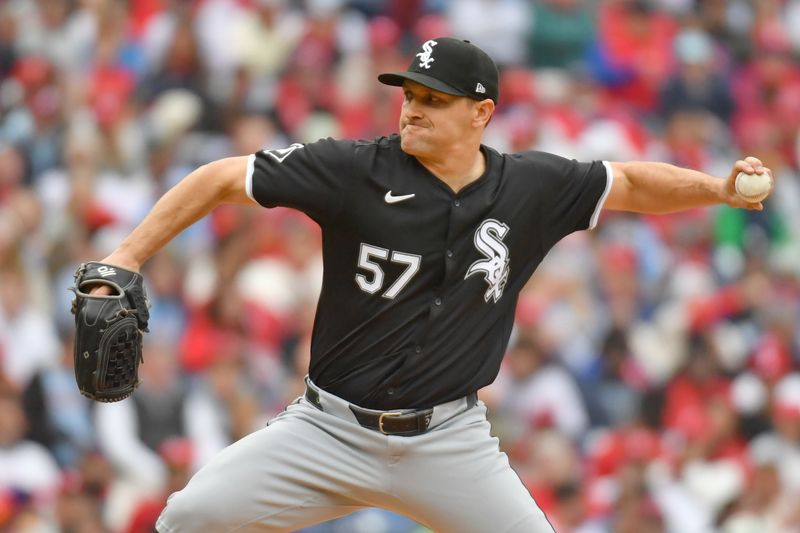 Apr 21, 2024; Philadelphia, Pennsylvania, USA; Chicago White Sox pitcher Tanner Banks (57) throws a pitch against the Philadelphia Phillies during the fourth inning at Citizens Bank Park. Mandatory Credit: Eric Hartline-USA TODAY Sports