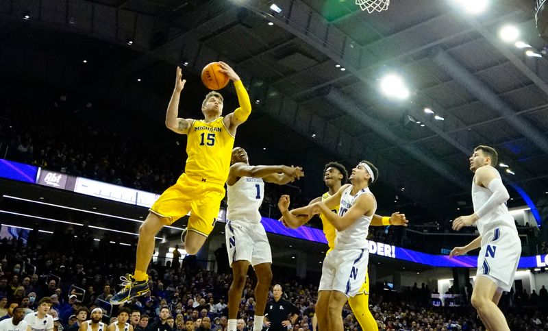 Feb 2, 2023; Evanston, Illinois, USA; Michigan Wolverines guard Joey Baker (15) grabs a rebound against the Northwestern Wildcats during the first half at Welsh-Ryan Arena. Mandatory Credit: David Banks-USA TODAY Sports