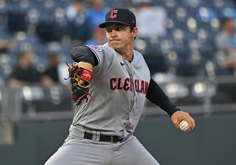 Sep 19, 2023; Kansas City, Missouri, USA; Cleveland Guardians starting pitcher Logan Allen (41) delivers a pitch in the first inning against the Kansas City Royals at Kauffman Stadium. Mandatory Credit: Peter Aiken-USA TODAY Sports