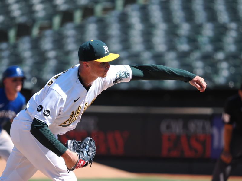 Aug 23, 2023; Oakland, California, USA; Oakland Athletics relief pitcher Sean Newcomb (16) pitches the ball against the Kansas City Royals during the ninth inning at Oakland-Alameda County Coliseum. Mandatory Credit: Kelley L Cox-USA TODAY Sports