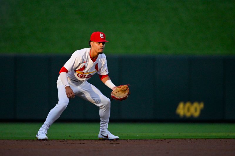 May 3, 2024; St. Louis, Missouri, USA;  St. Louis Cardinals shortstop Masyn Winn (0) looks on fro the field during the first inning against the Chicago White Sox at Busch Stadium. Mandatory Credit: Jeff Curry-USA TODAY Sports