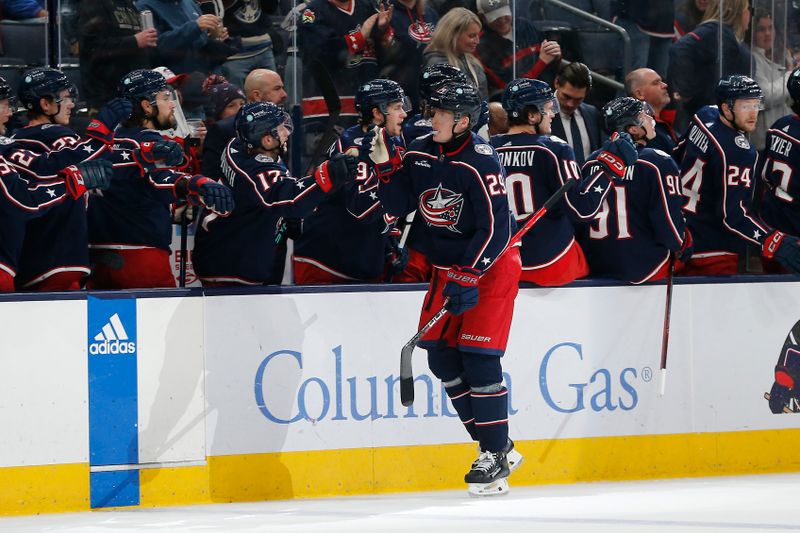 Dec 1, 2023; Columbus, Ohio, USA; Columbus Blue Jackets right wing Patrik Laine (29) celebrates his goal against the Ottawa Senators during the first period at Nationwide Arena. Mandatory Credit: Russell LaBounty-USA TODAY Sports