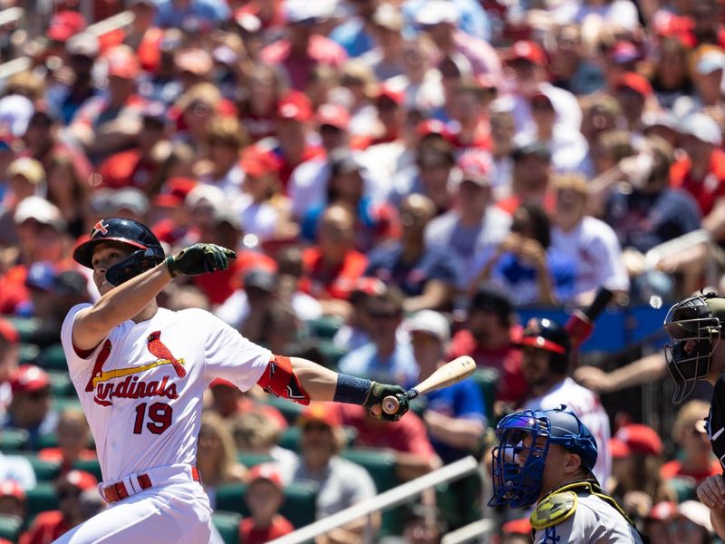 May 21, 2023; St. Louis, Missouri, USA;  St. Louis Cardinals Tommy Edman (19) hits against the Los Angeles Dodgers at Busch Stadium. Mandatory Credit: Zach Dalin-USA TODAY Sports