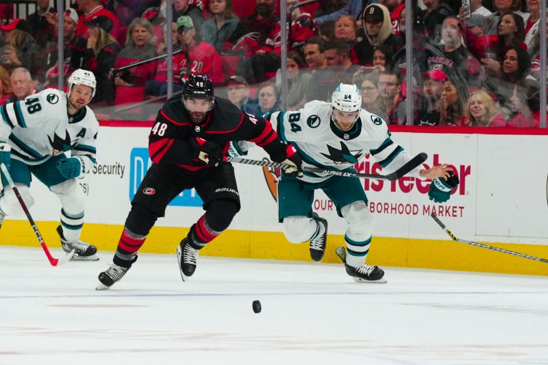 Oct 27, 2023; Raleigh, North Carolina, USA; Carolina Hurricanes left wing Jordan Martinook (48) and San Jose Sharks defenseman Jan Rutta (84) skate after the puck during the first period at PNC Arena. Mandatory Credit: James Guillory-USA TODAY Sports