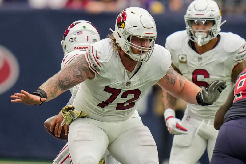 Arizona Cardinals guard Hjalte Froholdt (72) plays against the Houston Texans during the second half of an NFL football game Sunday, Nov. 19, 2023, in Houston. (AP Photo/Eric Christian Smith)