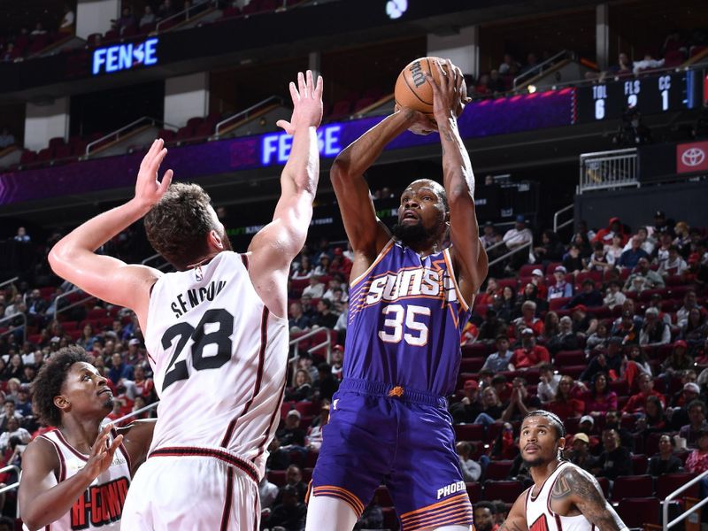 HOUSTON, TX - FEBRUARY 12: Kevin Durant #35 of the Phoenix Suns shoots the ball during the game against the Houston Rockets on February 12, 2025 at the Toyota Center in Houston, Texas. NOTE TO USER: User expressly acknowledges and agrees that, by downloading and or using this photograph, User is consenting to the terms and conditions of the Getty Images License Agreement. Mandatory Copyright Notice: Copyright 2025 NBAE (Photo by Logan Riely/NBAE via Getty Images)