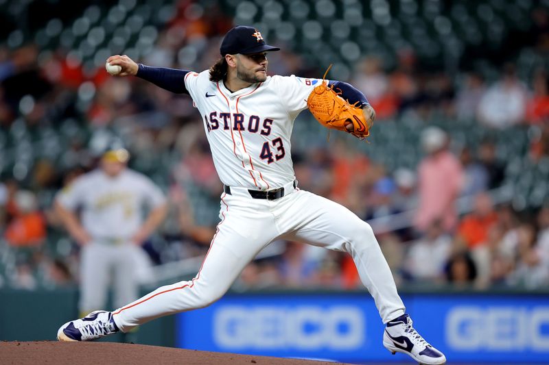 May 28, 2025; Houston, Texas, USA; Houston Astros starting pitcher Lance McCullers Jr. (43) delivers a pitch against the Athletics during the first inning at Daikin Park. Mandatory Credit: Erik Williams-Imagn Images