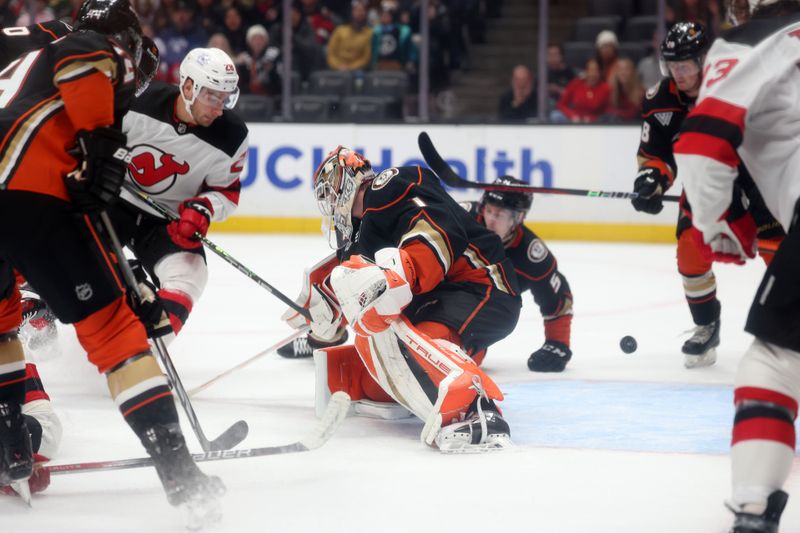 Mar 1, 2024; Anaheim, California, USA; New Jersey Devils right wing Timo Meier (28) scores a goal against Anaheim Ducks goaltender Lukas Dostal (1) during the first period at Honda Center. Mandatory Credit: Kiyoshi Mio-USA TODAY Sports