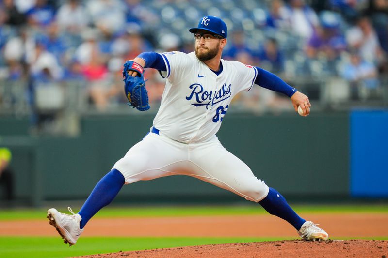 Sep 4, 2025; Kansas City, Missouri, USA; Kansas City Royals starting pitcher Noah Cameron (65) pitches during the first inning against the Los Angeles Angels at Kauffman Stadium. Mandatory Credit: Jay Biggerstaff-Imagn Images