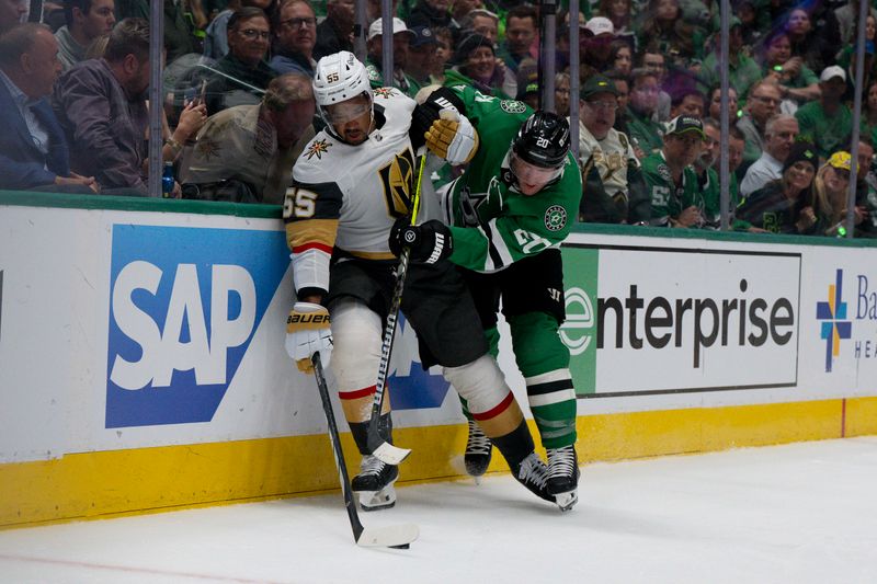 Apr 24, 2024; Dallas, Texas, USA; Vegas Golden Knights right wing Keegan Kolesar (55) and Dallas Stars defenseman Ryan Suter (20) chase the puck in the first period in game two of the first round of the 2024 Stanley Cup Playoffs at American Airlines Center. Mandatory Credit: Jerome Miron-USA TODAY Sports