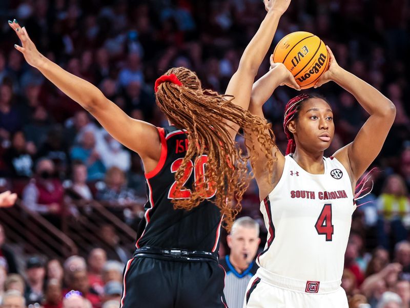 Feb 26, 2023; Columbia, South Carolina, USA; South Carolina Gamecocks forward Aliyah Boston (4) looks to pass against the Georgia Lady Bulldogs in the first half at Colonial Life Arena. Mandatory Credit: Jeff Blake-USA TODAY Sports