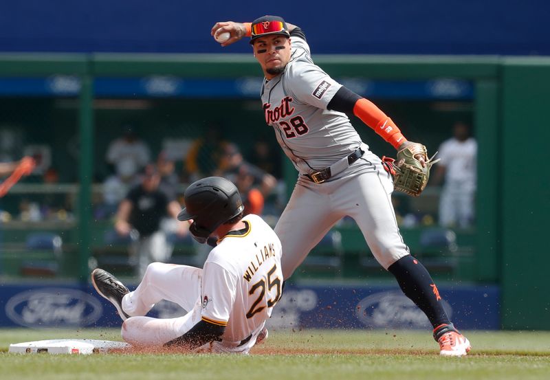 Apr 9, 2024; Pittsburgh, Pennsylvania, USA;  Detroit Tigers shortstop Javier Baez (28) forces out Pittsburgh Pirates shortstop Alika Williams (25) at second base on a fielders choice during the fifth inning at PNC Park. Mandatory Credit: Charles LeClaire-USA TODAY Sports