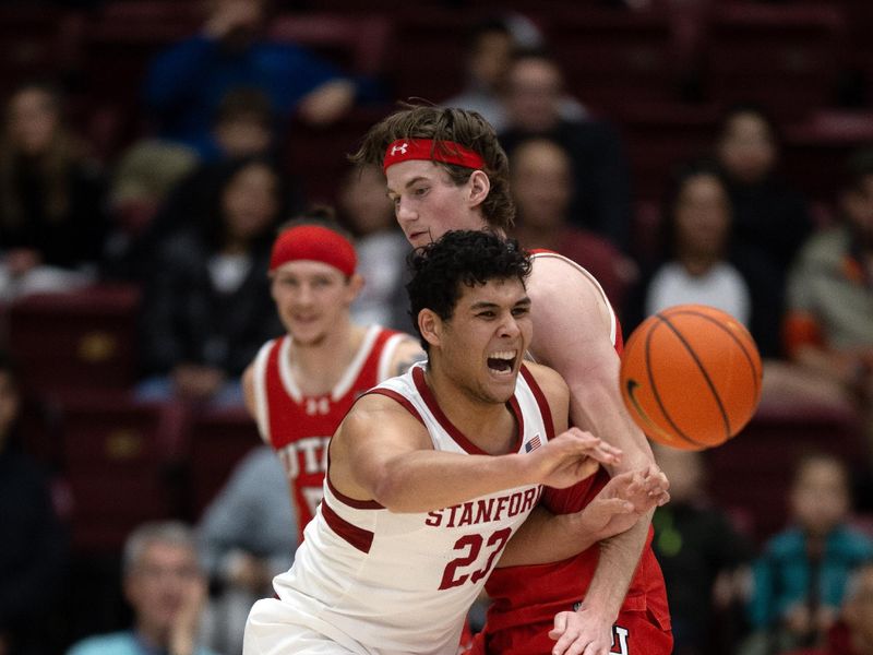 Jan 14, 2024; Stanford, California, USA; Stanford Cardinal forward Brandon Angel (23) passes against Utah Utes center Branden Carlson (35) during the first half at Maples Pavilion. Mandatory Credit: D. Ross Cameron-USA TODAY Sports