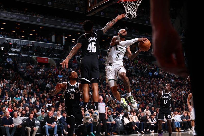 BROOKLYN, NY - DECEMBER 8: Gary Trent Jr. #5 of the Milwaukee Bucks drives to the basket during the game against the Brooklyn Nets on December 8, 2024 at Barclays Center in Brooklyn, New York. NOTE TO USER: User expressly acknowledges and agrees that, by downloading and or using this Photograph, user is consenting to the terms and conditions of the Getty Images License Agreement. Mandatory Copyright Notice: Copyright 2024 NBAE (David L. Nemec/NBAE via Getty Images)