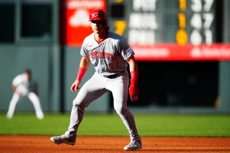 Jun 4, 2024; Denver, Colorado, USA; Cincinnati Reds outfielder Stuart Fairchild (17) leads off first base in the first inning against the Colorado Rockies at Coors Field. Mandatory Credit: Ron Chenoy-USA TODAY Sports