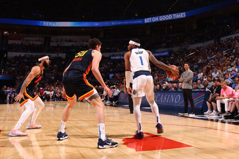 OKLAHOMA CITY, OK - APRIL 14:  Jaden Hardy #1 of the Dallas Mavericks dribbles the ball during the game against the Oklahoma City Thunder on April 14, 2024 at Paycom Arena in Oklahoma City, Oklahoma. NOTE TO USER: User expressly acknowledges and agrees that, by downloading and or using this photograph, User is consenting to the terms and conditions of the Getty Images License Agreement. Mandatory Copyright Notice: Copyright 2024 NBAE (Photo by Zach Beeker/NBAE via Getty Images)