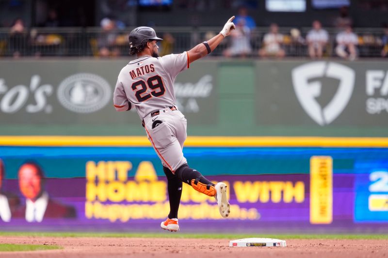 Aug 24, 2025; Milwaukee, Wisconsin, USA;  San Francisco Giants right fielder Luis Matos (29) rounds the bases after hitting a home run during the second inning against the Milwaukee Brewers at American Family Field. Mandatory Credit: Jeff Hanisch-Imagn Images