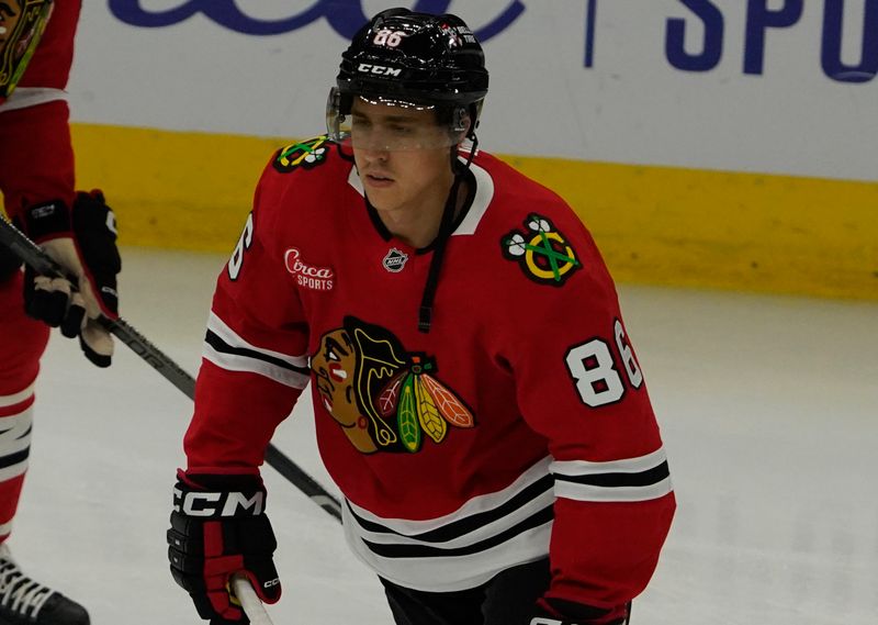 Oct 25, 2024; Chicago, Illinois, USA; Chicago Blackhawks center Teuvo Teravainen (86) warms up before a game against the Nashville Predators at United Center. Mandatory Credit: David Banks-Imagn Images