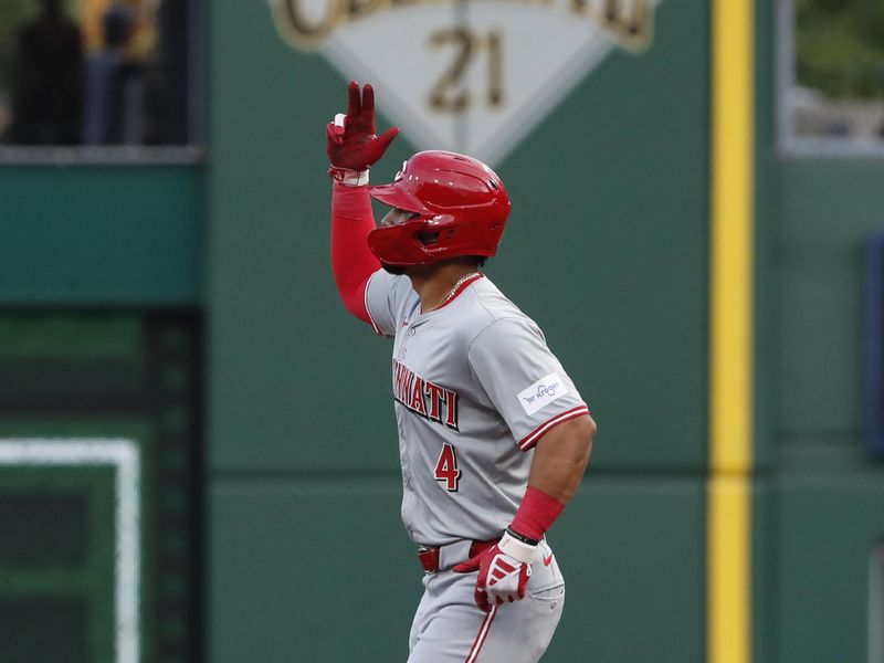 Jun 18, 2024; Pittsburgh, Pennsylvania, USA;  Cincinnati Reds third baseman Santiago Espinal (4) circles the bases on a two run home run against the Pittsburgh Pirates during the fifth inning at PNC Park. Mandatory Credit: Charles LeClaire-USA TODAY Sports