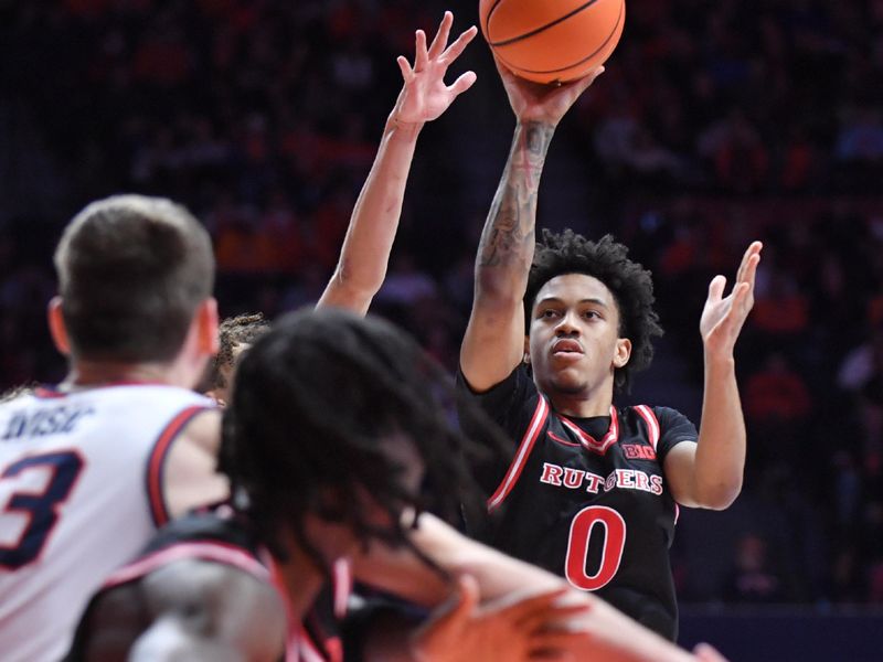 Jan 8, 2026; Champaign, Illinois, USA;  Rutgers Scarlet Knights guard Tariq Francis (0) shoots the ball during the second half against the Illinois Fighting Illini at State Farm Center. Mandatory Credit: Ron Johnson-Imagn Images