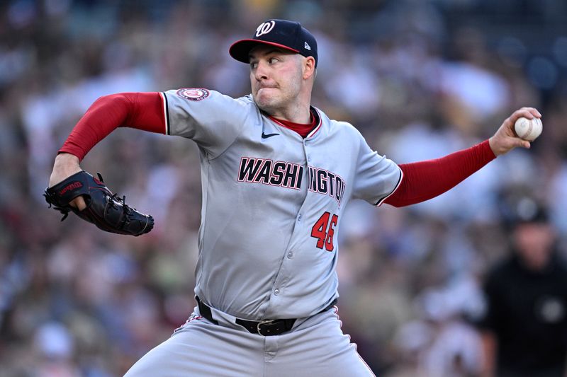 Jun 24, 2024; San Diego, California, USA; Washington Nationals starting pitcher Patrick Corbin (46) pitches against the San Diego Padres during the second inning at Petco Park. Mandatory Credit: Orlando Ramirez-USA TODAY Sports