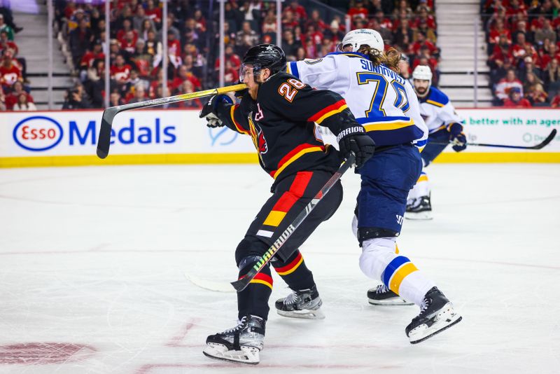 Jan 23, 2024; Calgary, Alberta, CAN; St. Louis Blues center Oskar Sundqvist (70) high sticks Calgary Flames center Elias Lindholm (28) during the second period at Scotiabank Saddledome. Mandatory Credit: Sergei Belski-USA TODAY Sports