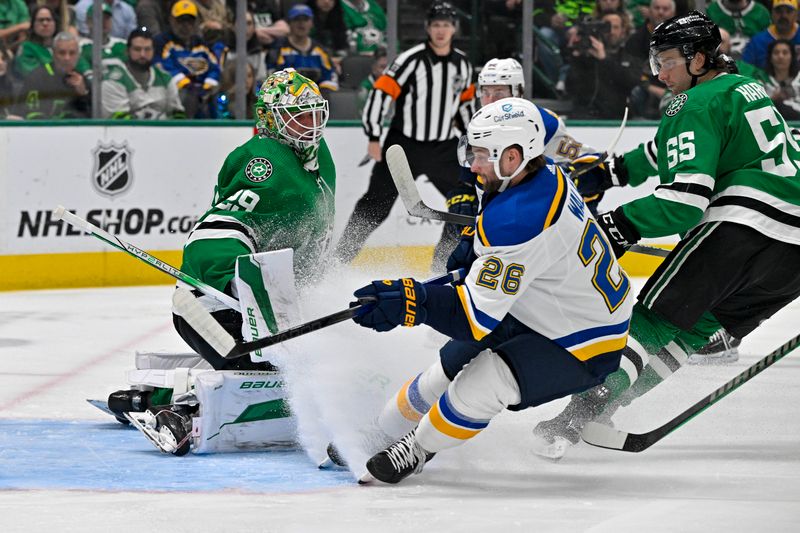 Apr 17, 2024; Dallas, Texas, USA; Dallas Stars goaltender Jake Oettinger (29) and defenseman Thomas Harley (55) stops shot by St. Louis Blues left wing Nathan Walker (26) during the first period at the American Airlines Center. Mandatory Credit: Jerome Miron-USA TODAY Sports